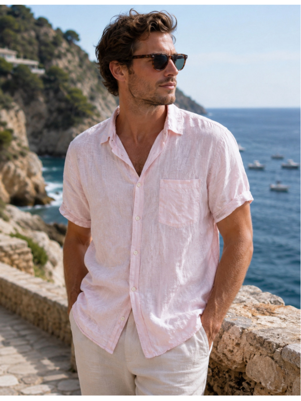 Men's Tenth + Ocean linen Casual Button Down Shirt Pink Size L